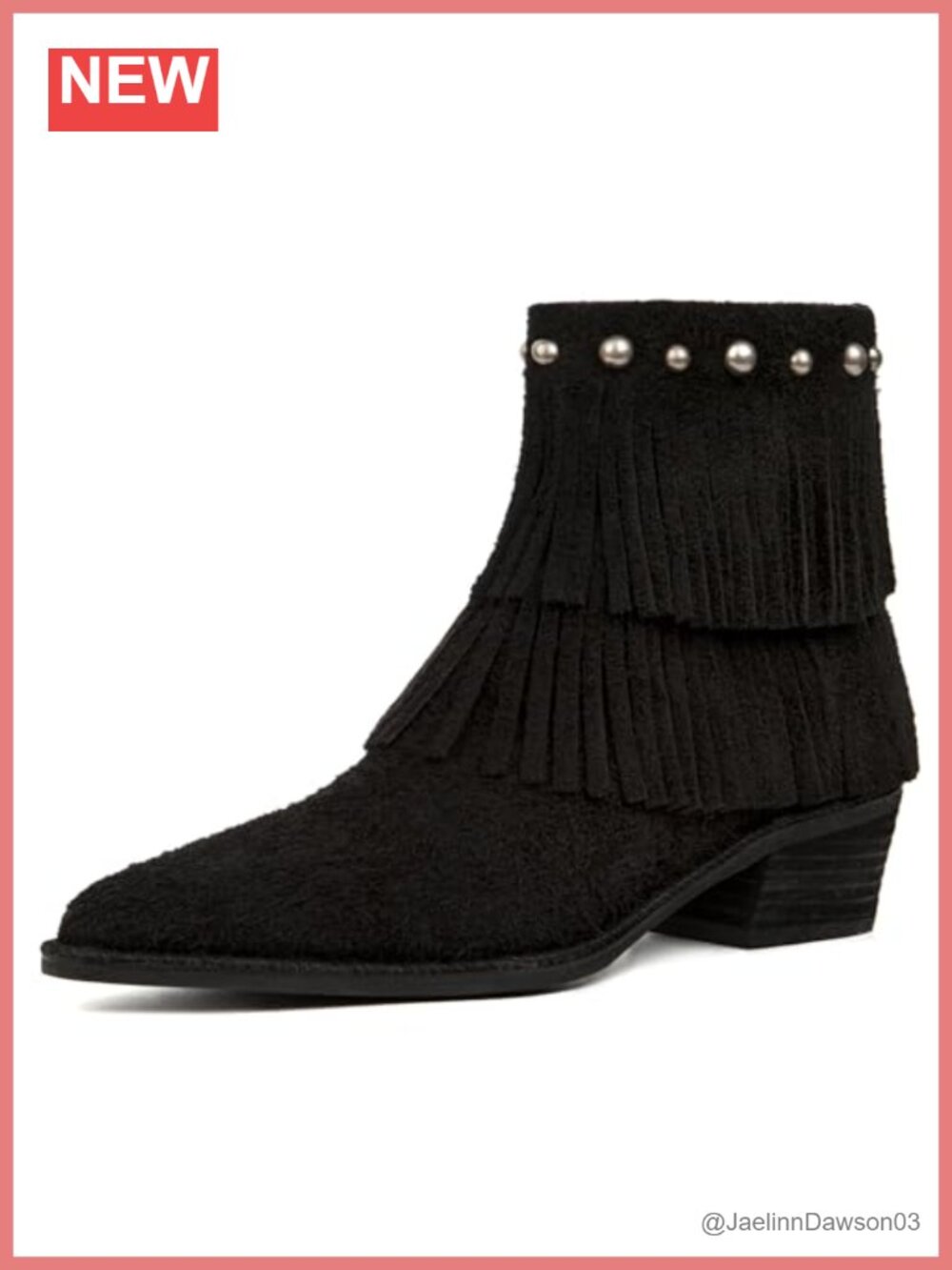 Genuine Suede Fringe Pointed Toe Ankle Booties with Zipper Studded Western